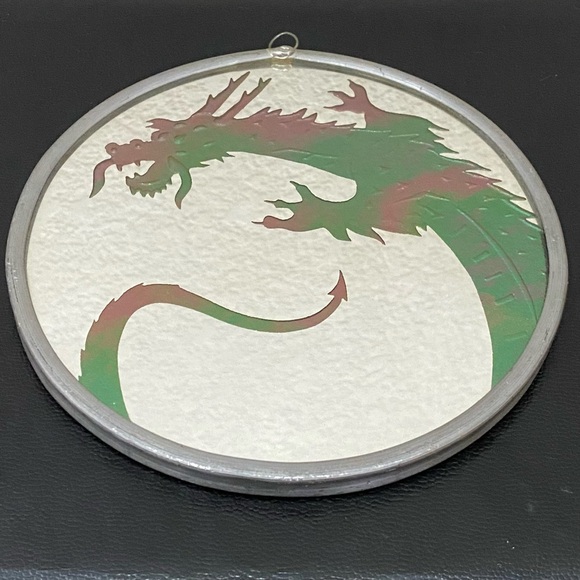 Vintage Handmade Dragon Foiled Mirrored Art Glass 6” Suncatcher Hanging Decor - Picture 3 of 12